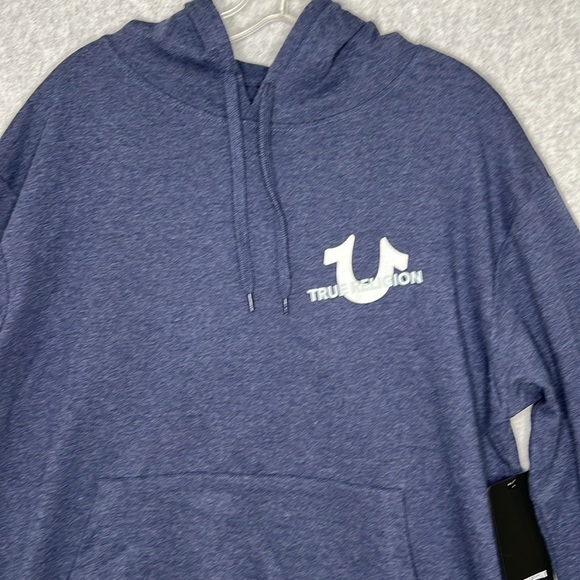 True Religion Mens Size Large Pullover Hoodie Blue TR Repeat Slant Logo Y2K NWT - Picture 4 of 11